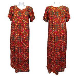 Vintage 70s Benlee Bright‎ Barkcloth Abstract Floral Muumuu Maxi Floral Dress